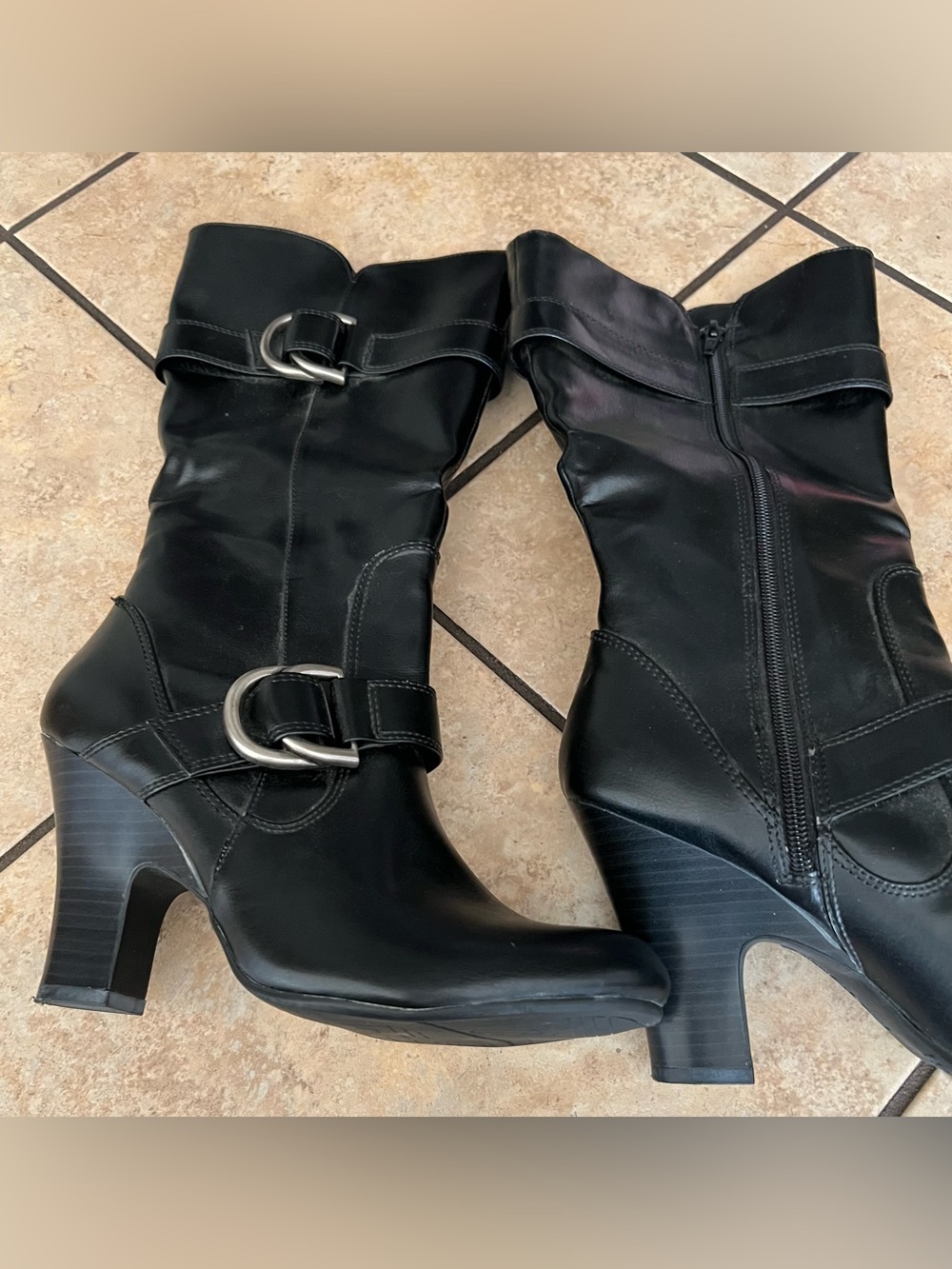 Women’s Black Mid-Calf Heeled Boots with Buckle Detail